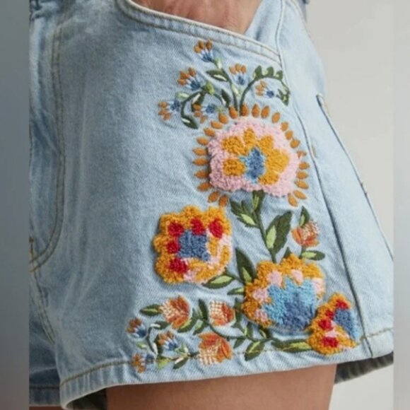 Farm Rio Summer Garden Embroidered Denim Shorts High-Waist Light Wash Size 30 - Picture 4 of 4